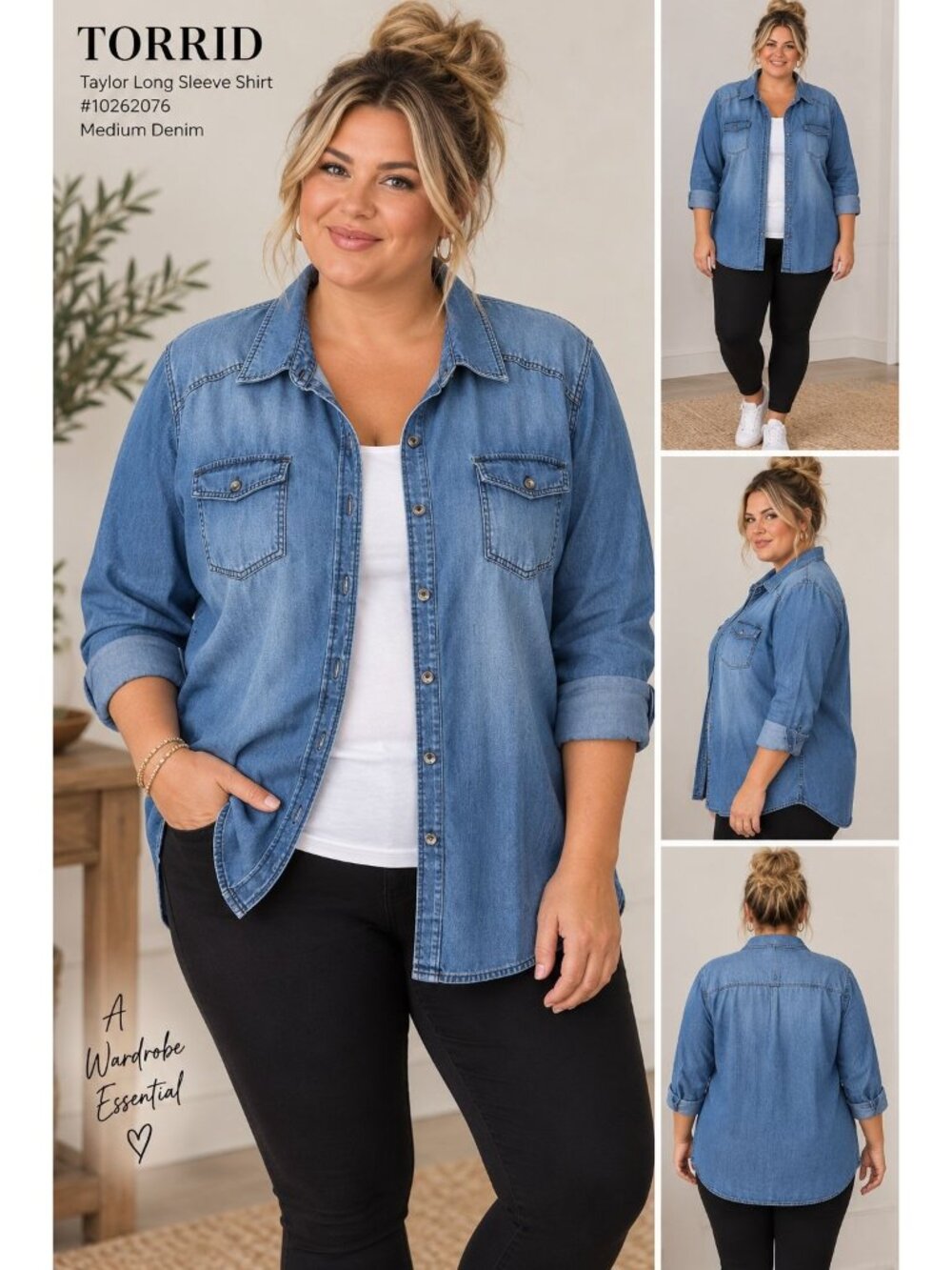Torrid Women's Taylor Medium Denim Wash Long Sleeve Button Up Shirt Size 3X